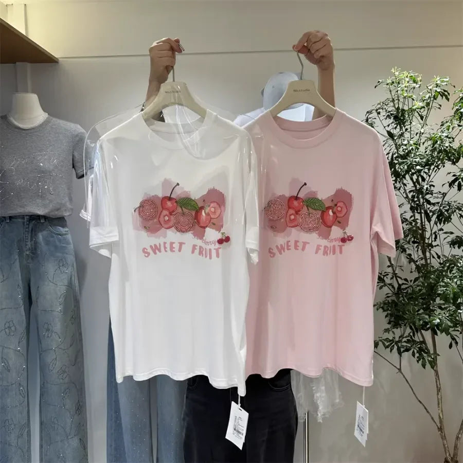 A134 - Heavywork Cherry Tee: 220g Organic Cotton | 3D Hand-Stitched Crystal Beads | Summer 2026 Edition