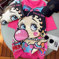 VINESU A01 - Rhinestone Betty Boop Cotton Brushed Oversized T-Shirt
