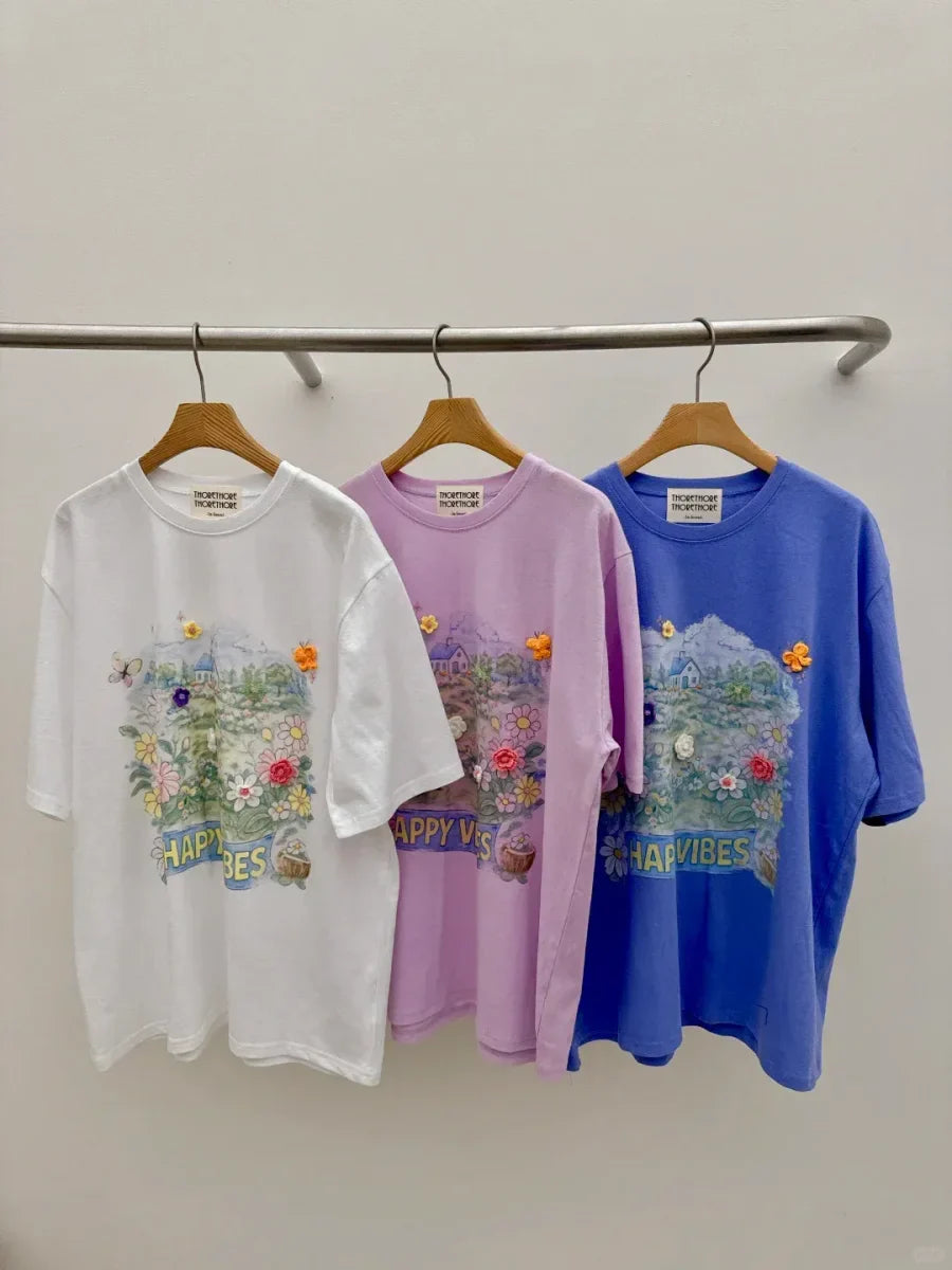 Vinesu A73 - Pastoral Hand-Painted 3D Felt Decor T-Shirt | 220g Cotton Loose Casual Top