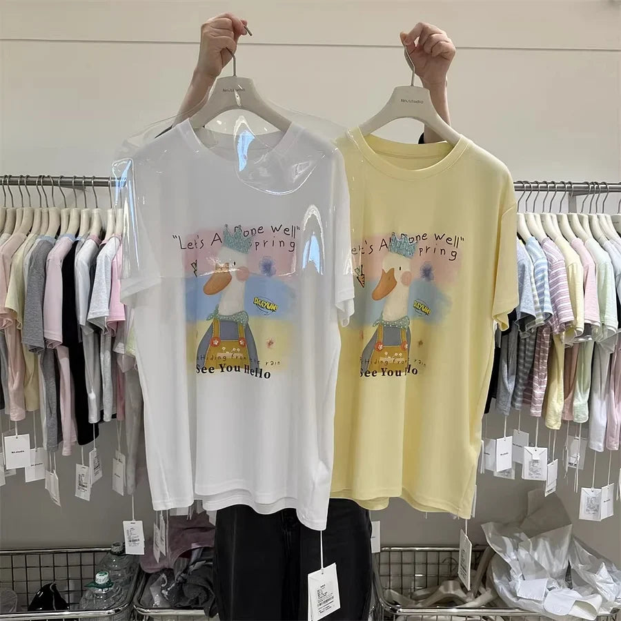 A128 - Premium 220g Cotton Graphic Tee – Cute "See You Hello" Duck with 3D Beaded Crown & Embroidery – Oversized Casual Streetwear