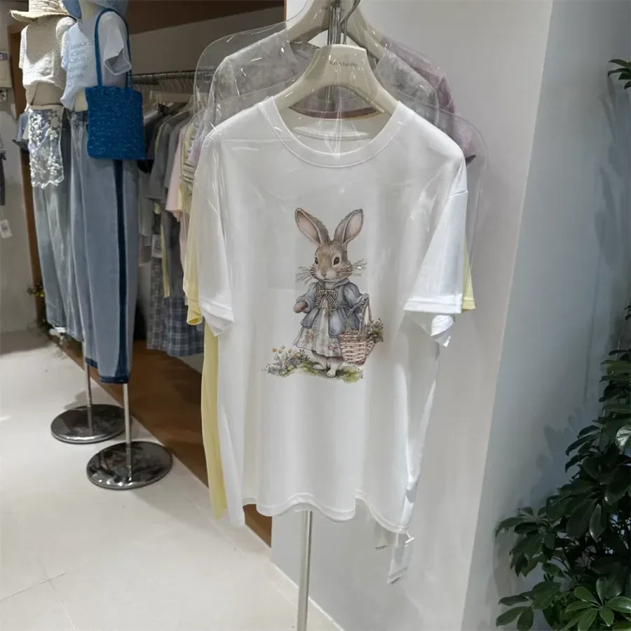A136 - Oversized Rabbit Embroidery Tee - 220g Premium Cotton with Silver Bead Accents