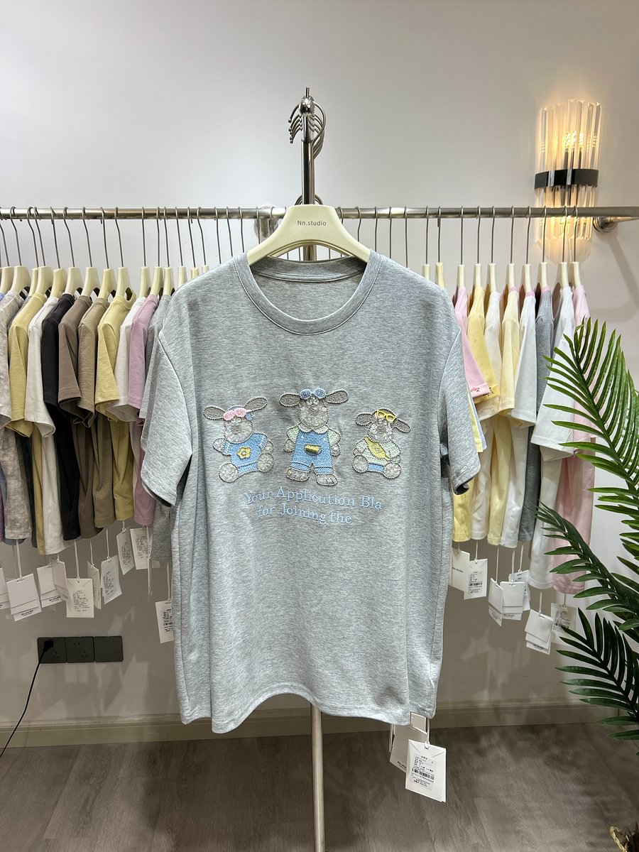 A164 - Luxury Three Bears 3D Embroidery T-Shirt - 320g Ultra-Heavyweight Cotton - Structured Boxy Fit Streetwear Top
