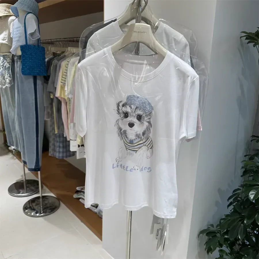 A127 - 220g Heavyweight Cotton Poodle Graphic Tee - 3D Terry Cloth Embroidery Dog & Heart Balloon T-Shirt - Premium Boutique Summer Top