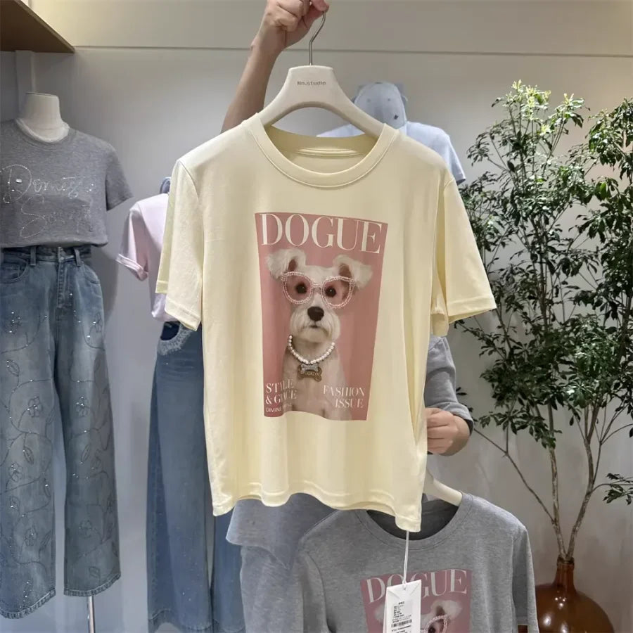 A116 - Premium 220 GSM Cotton Graphic Tee - "DOGUE" Schnauzer with Hand-Stitched Pearls & 3D Crystal Glasses
