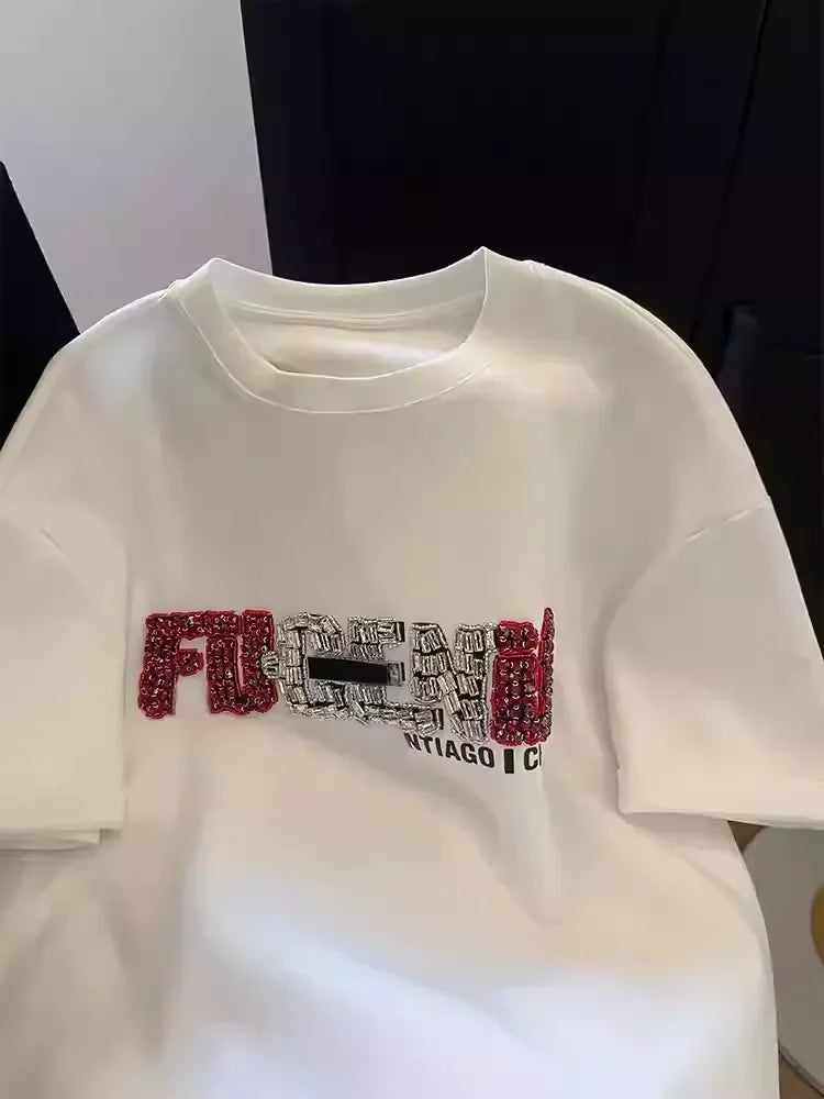 A89 - Heavy-Duty Beaded "FUGENI" Color-Block Oversized T-Shirt | 220g Cotton Casual Top