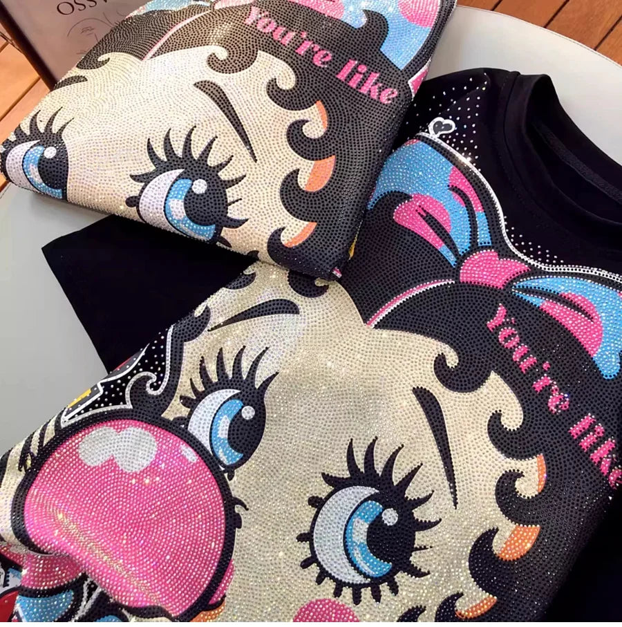 VINESU A01 - Rhinestone Betty Boop Cotton Brushed Oversized T-Shirt