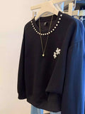 VINESU A42 Women’s Oversized Pearl Embellished Crewneck Sweatshirt | Floral Accent Casual Top