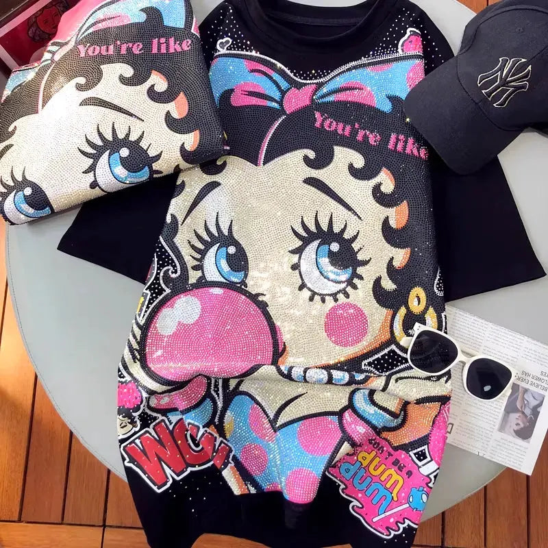 VINESU A01 - Rhinestone Betty Boop Cotton Brushed Oversized T-Shirt