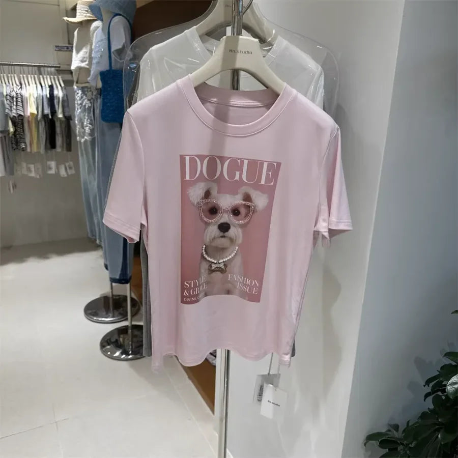 A116 - Premium 220 GSM Cotton Graphic Tee - "DOGUE" Schnauzer with Hand-Stitched Pearls & 3D Crystal Glasses