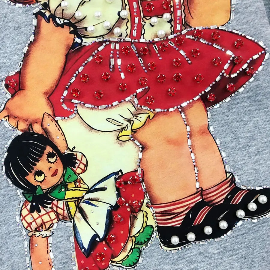 VINESU A19 - Vintage Girl & Doll Pearl & Rhinestone Embellished Cotton T-Shirt
